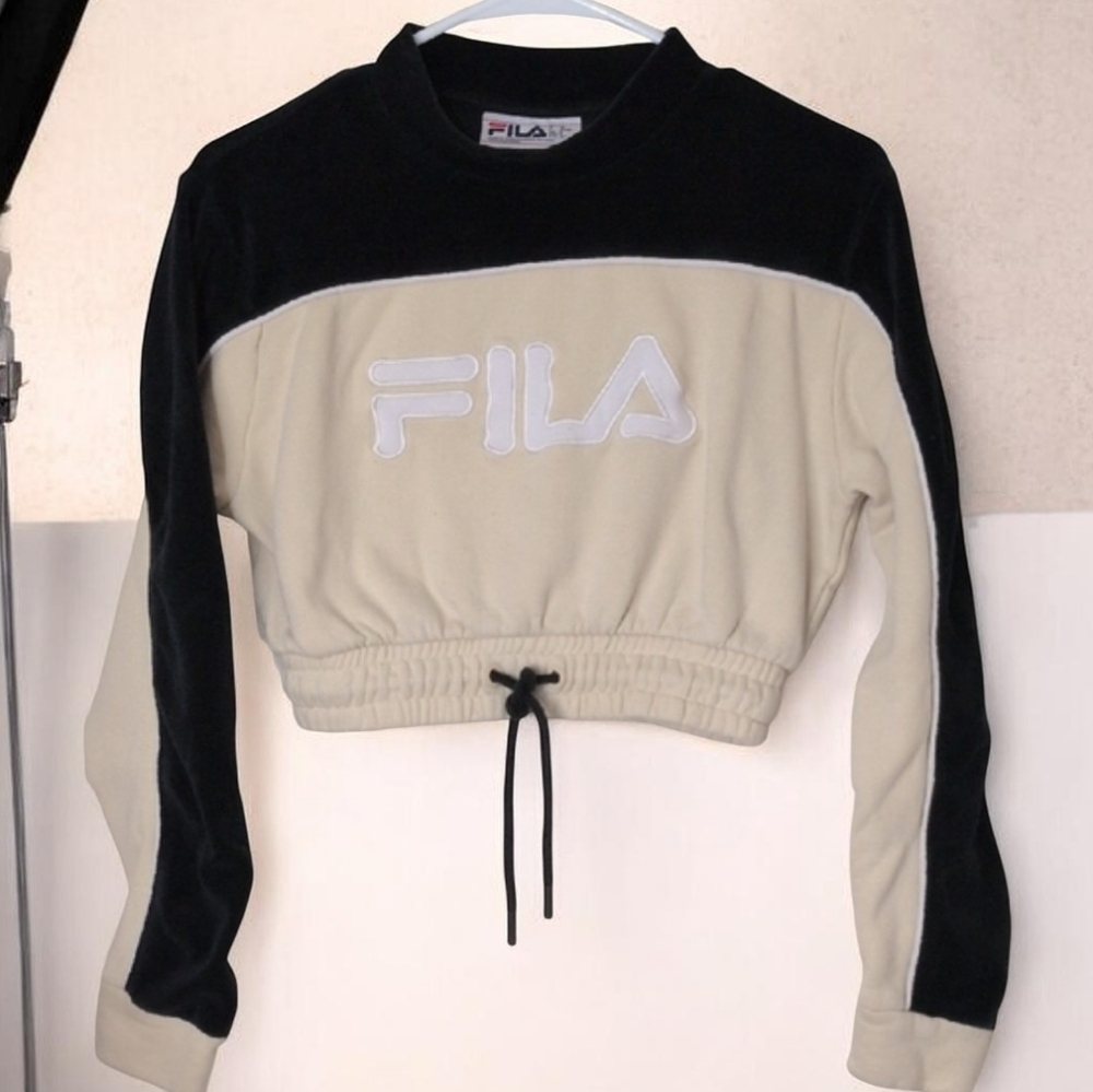 Fila Black Mock Neck Cropped sweatshirt Size Small Functional Adjustable Tie